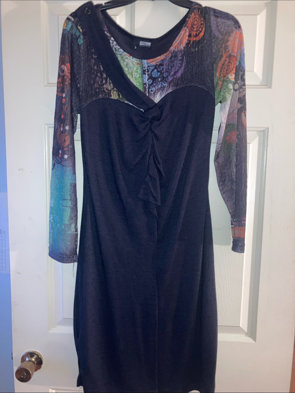 Black Long-Sleeve Dress with Multicolor Sheer Sleeves and Twist Front Detail